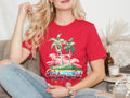 Tropical Christmas in July Shirt: Santa Flamingo Beach Holiday