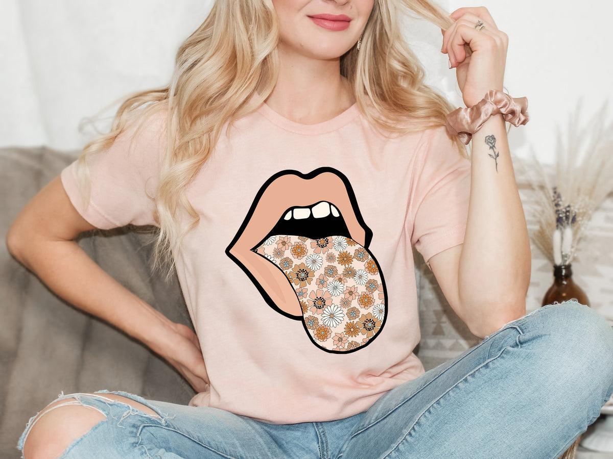 Floral Tongue Graphic Tee - Mama Peach Lips Shirt