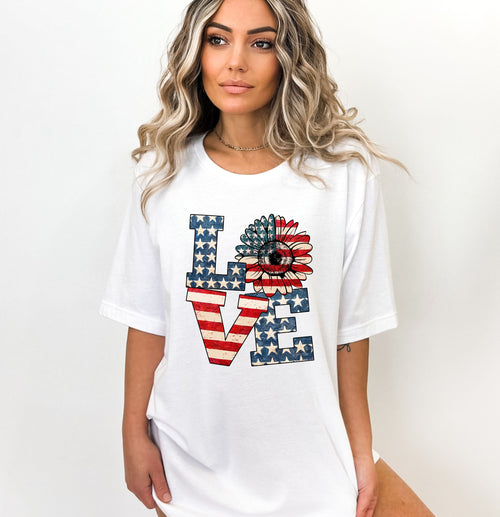 4th of July Sunflower Shirt: Retro American Flag Love Tee