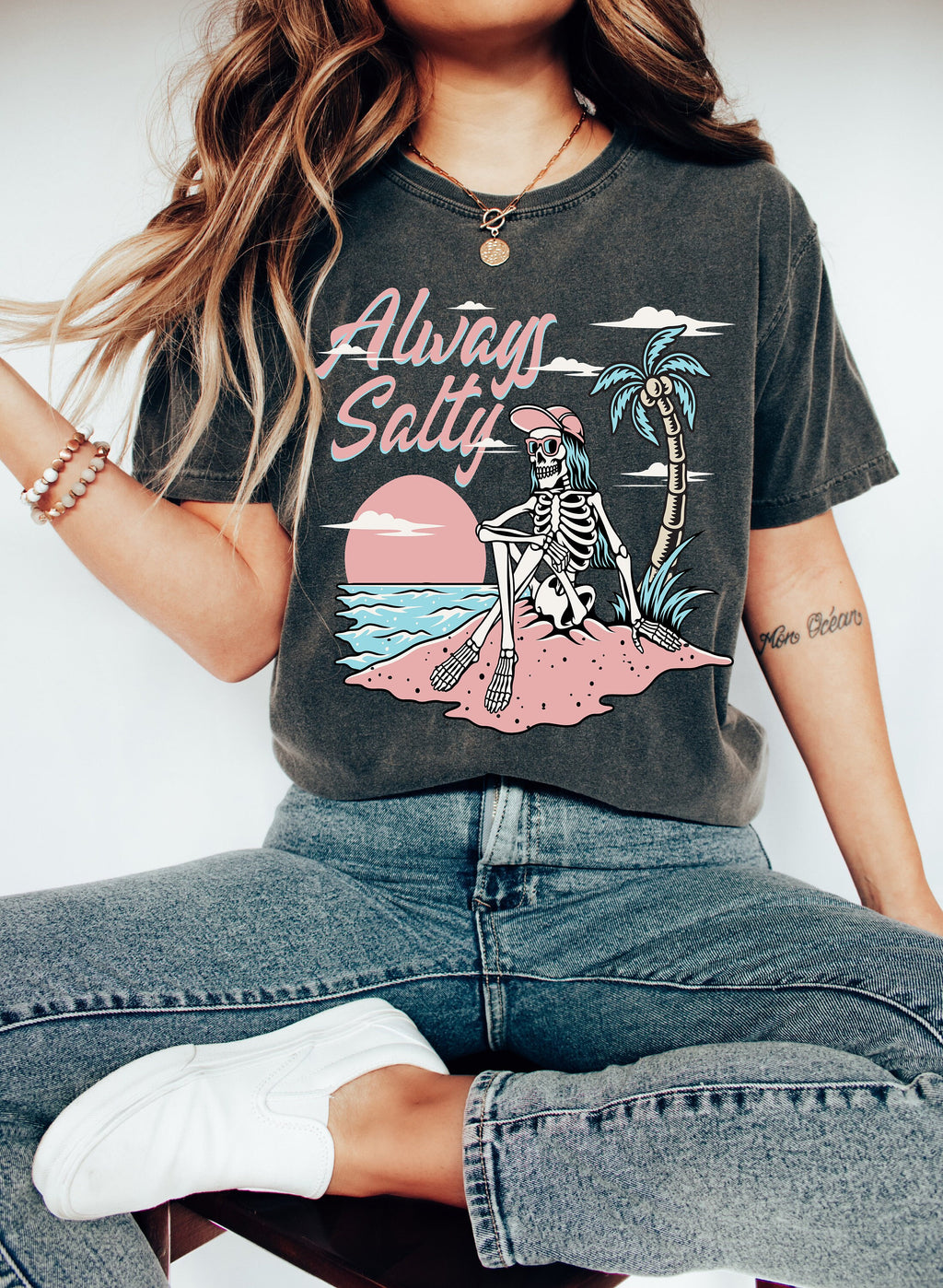 Custom Skeleton Beach T-shirt: Always Salty Surf Tee