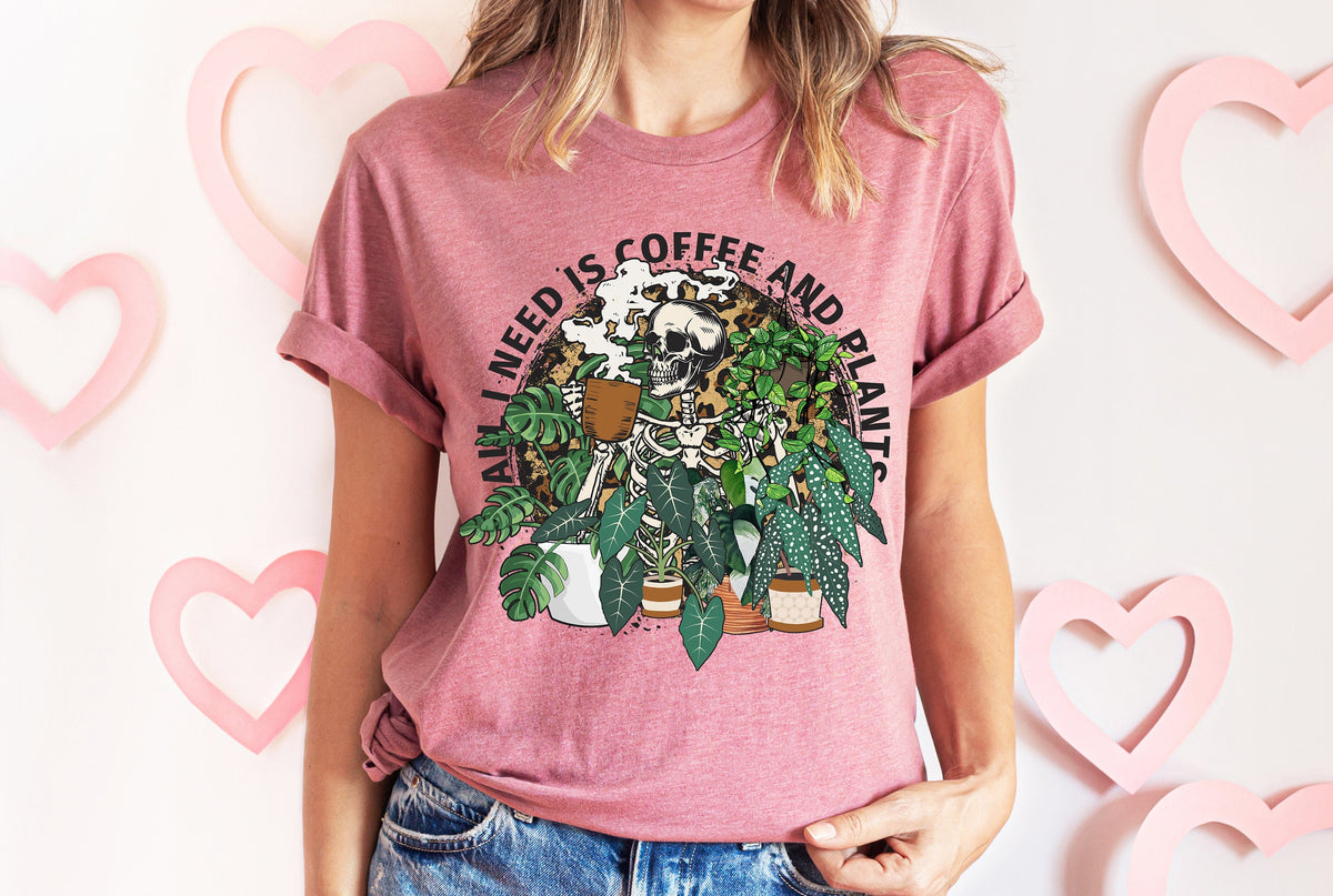 Skeleton Plant Lady T-Shirt: Coffee & Plants Graphic Tee