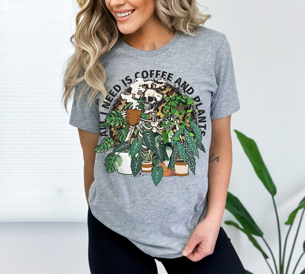 Skeleton Plant Lady T-Shirt: Coffee & Plants Graphic Tee