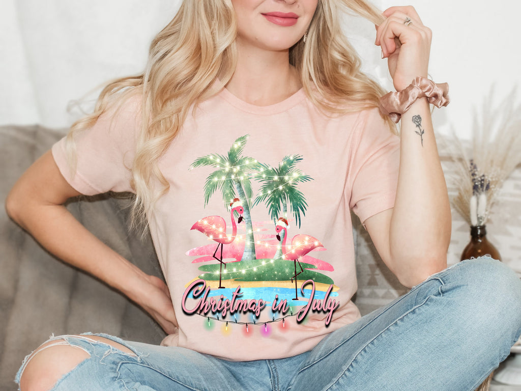 Tropical Christmas in July Shirt: Santa Flamingo Beach Holiday