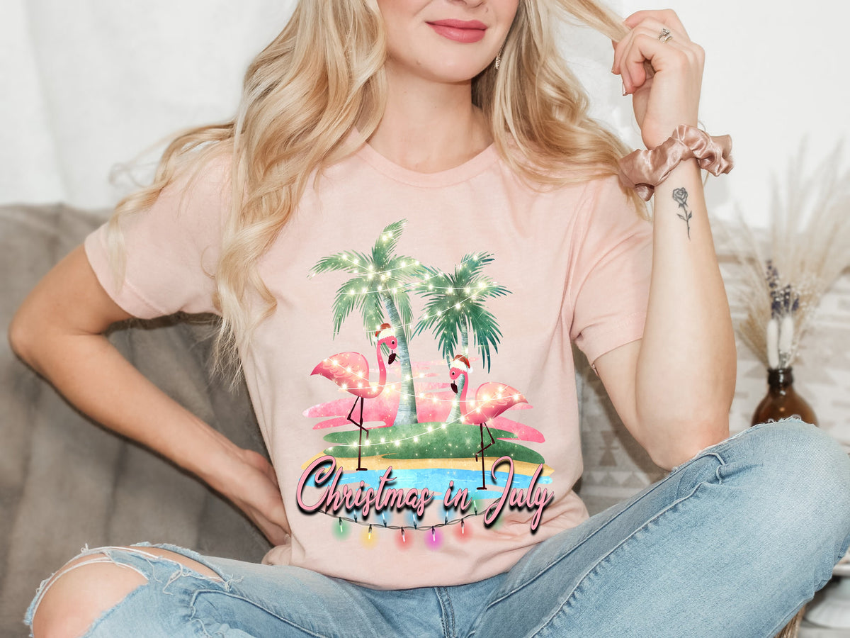 Tropical Christmas in July Shirt: Santa Flamingo Beach Holiday