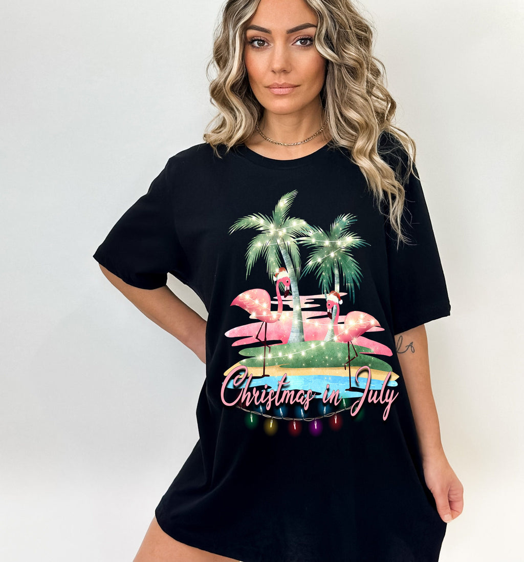 Tropical Christmas in July Shirt: Santa Flamingo Beach Holiday