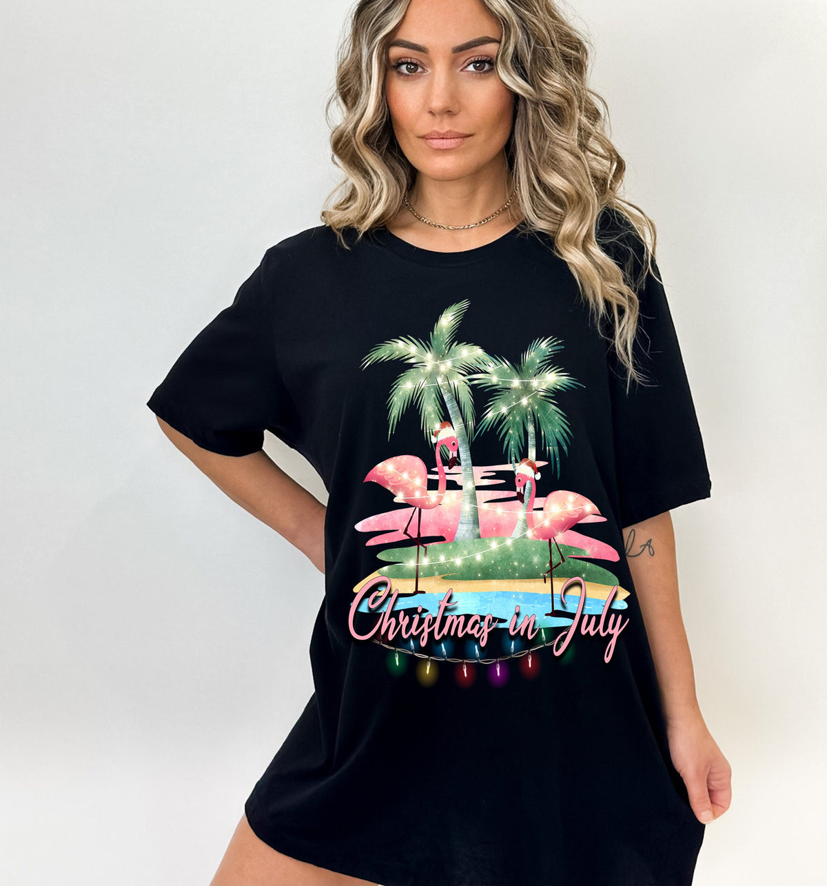 Tropical Christmas in July Shirt: Santa Flamingo Beach Holiday