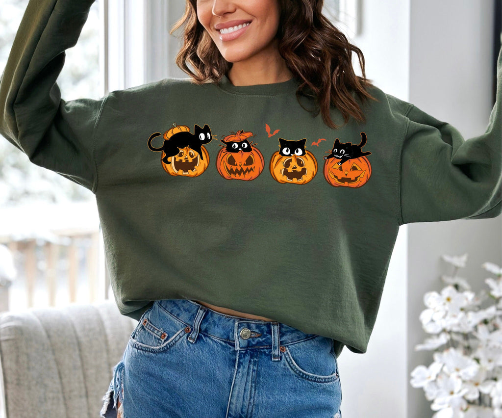 Halloween Cat Sweatshirt: Spooky Black Cats & Pumpkins