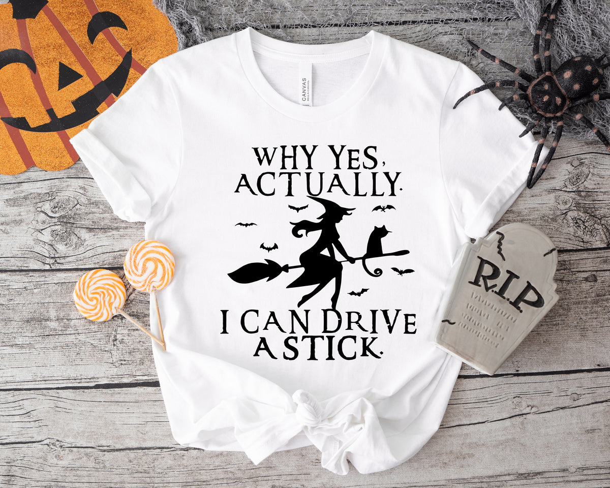 Funny Halloween Shirt: Witch Driving Stick, Women's Halloween Party Tee
