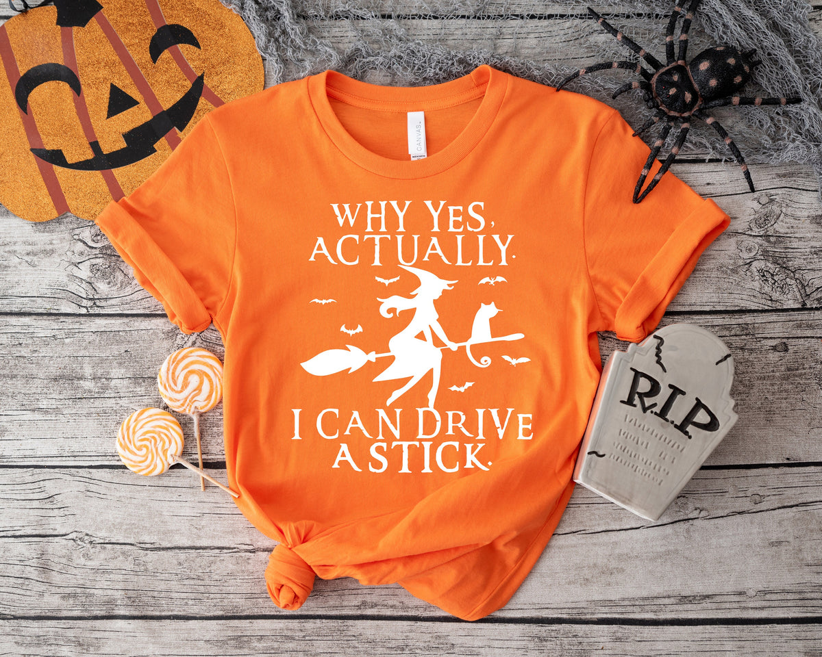 Funny Halloween Shirt: Witch Driving Stick, Women's Halloween Party Tee