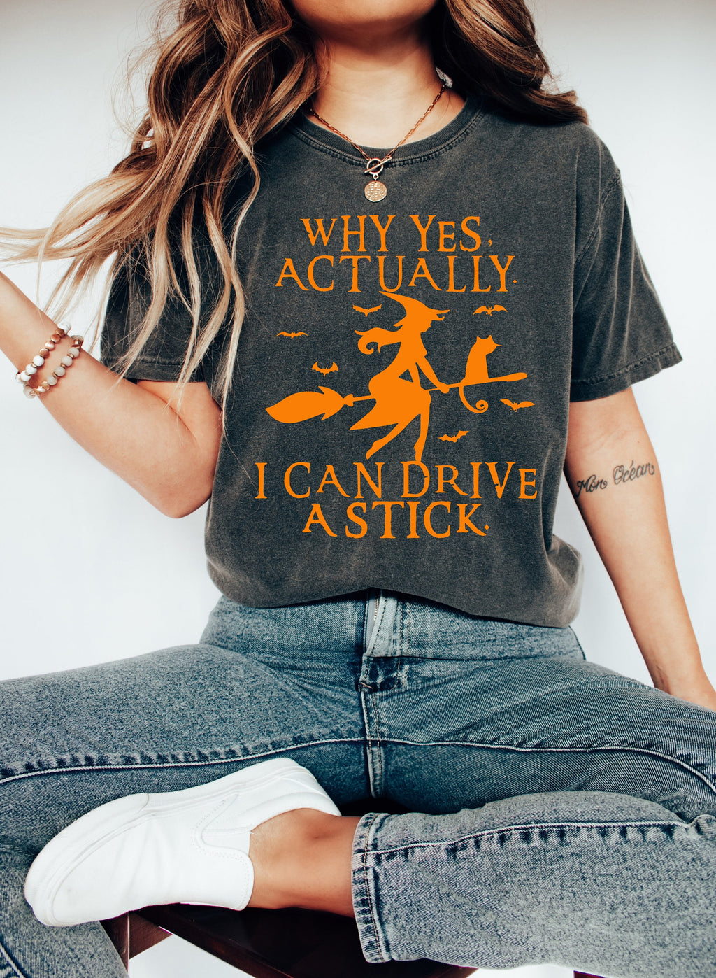 Funny Halloween Shirt: Witch Driving Stick, Women's Halloween Party Tee
