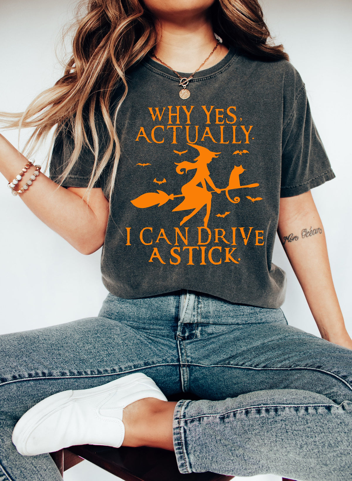Funny Halloween Shirt: Witch Driving Stick, Women's Halloween Party Tee
