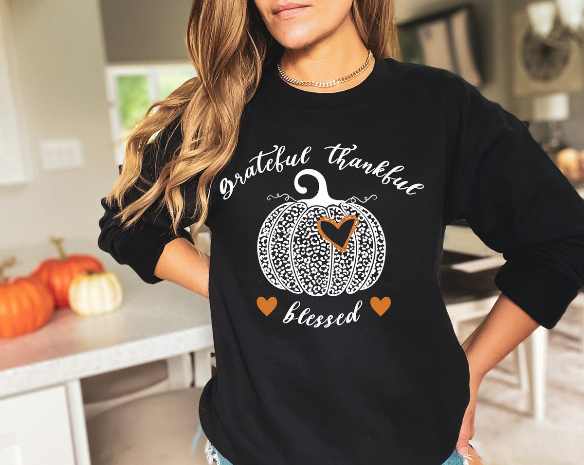 Leopard Pumpkin Thanksgiving Shirt: Grateful, Thankful, Blessed