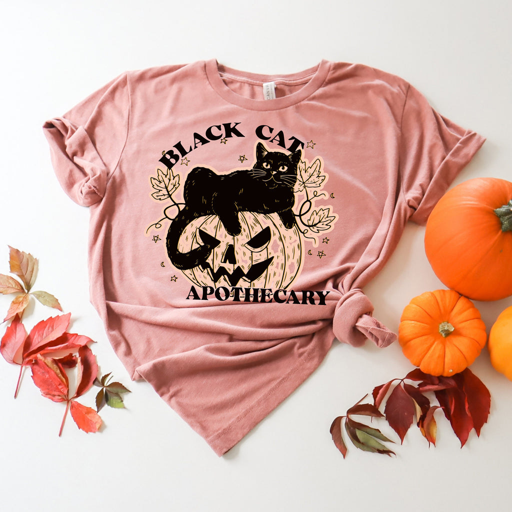 Black Cat Apothecary Halloween Shirt: Funny Pumpkin Tee