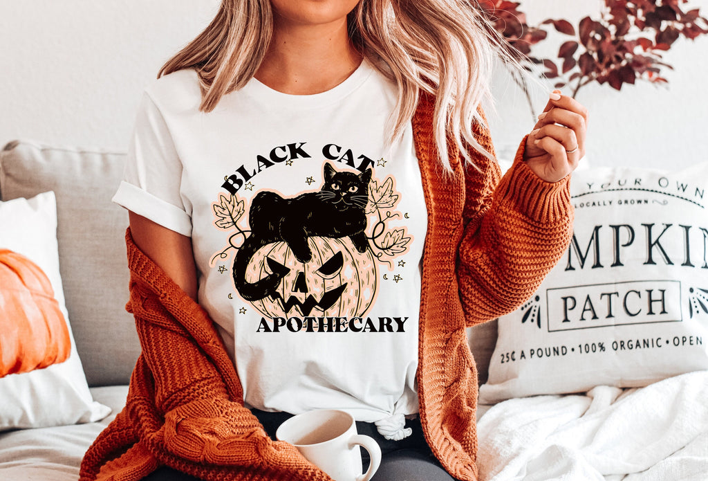 Black Cat Apothecary Halloween Shirt: Funny Pumpkin Tee