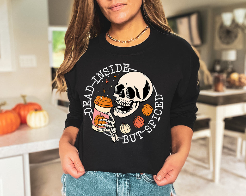 Dead Inside But Spiced Halloween Shirt, Skeleton Pumpkin Tee