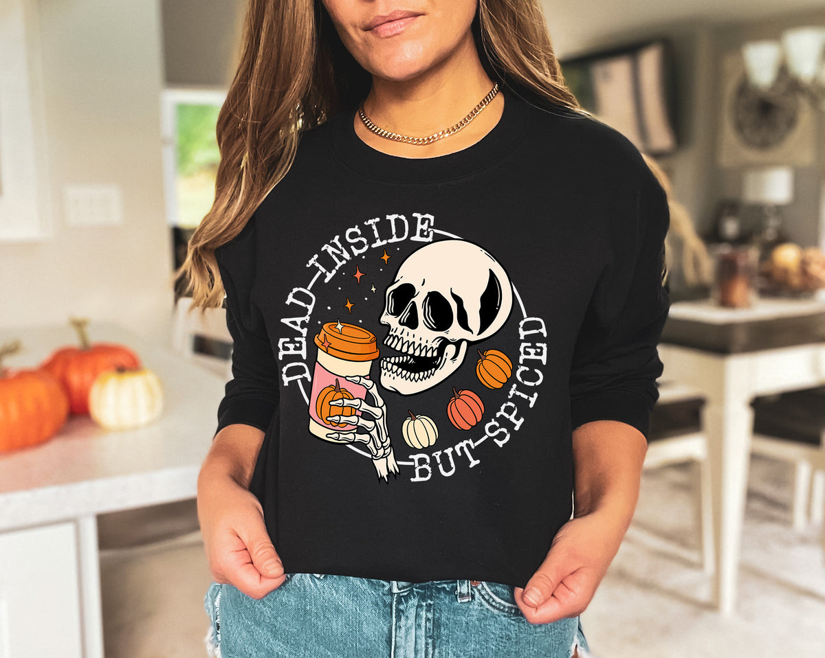 Dead Inside But Spiced Halloween Shirt, Skeleton Pumpkin Tee