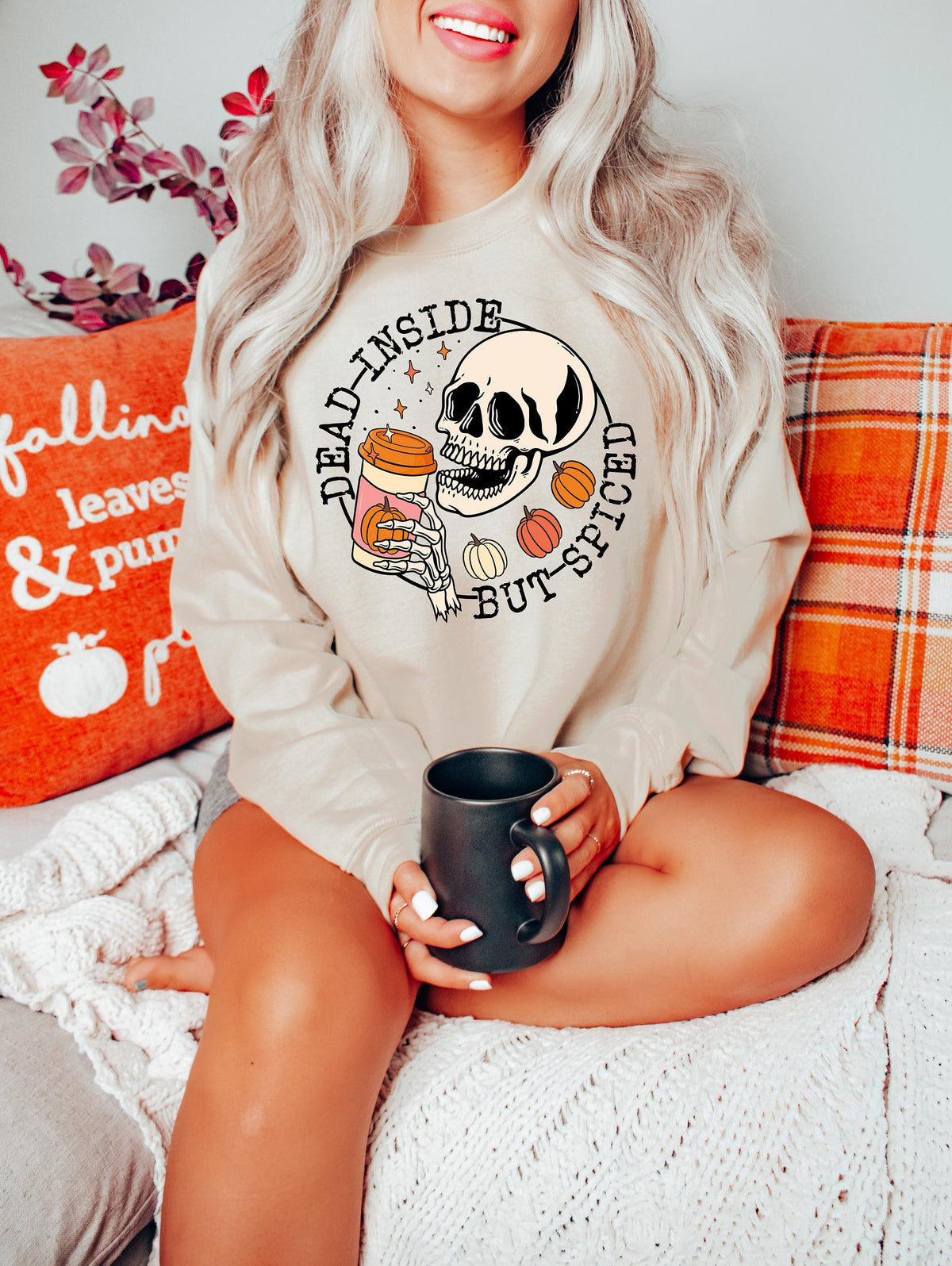Dead Inside But Spiced Halloween Shirt, Skeleton Pumpkin Tee