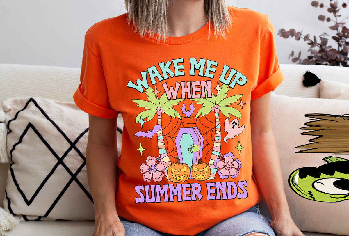 Wake Me Up When Summer Ends Shirt: Spooky Season Halloween Coffin Tee