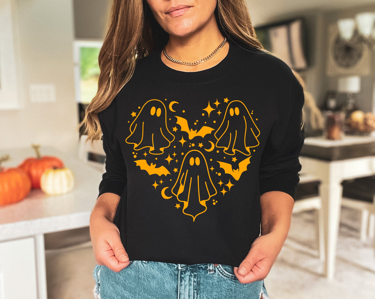 Halloween Ghost Heart T-Shirt, Women's Fall Graphic Tee