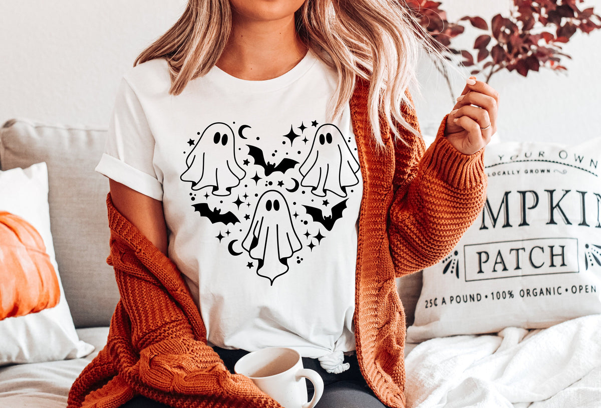 Halloween Ghost Heart T-Shirt, Women's Fall Graphic Tee