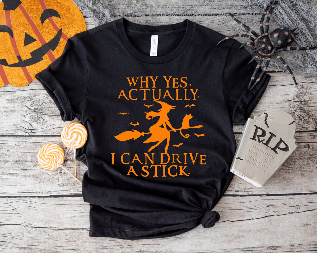 Funny Halloween Shirt: Witch Driving Stick, Women's Halloween Party Tee