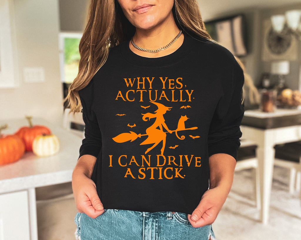Funny Halloween Shirt: Witch Driving Stick, Women's Halloween Party Tee