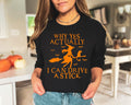 Funny Halloween Shirt: Witch Driving Stick, Women's Halloween Party Tee