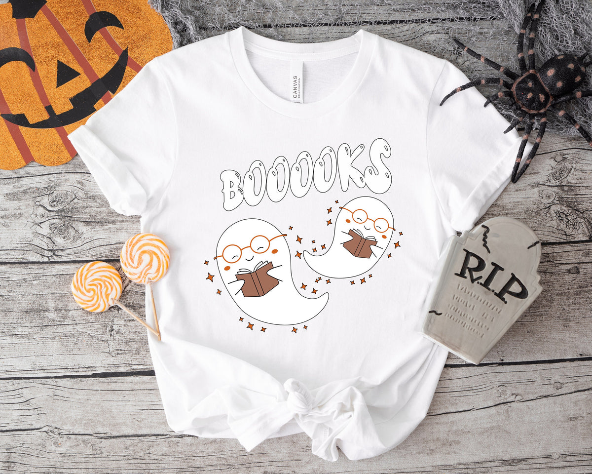 Halloween Ghost Books T-Shirt: Teacher Reading Shirt