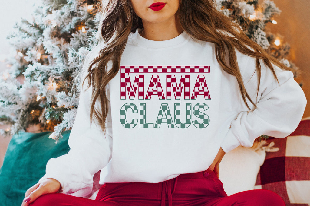 Mama Claus Sweatshirt, Checkered Christmas Shirt