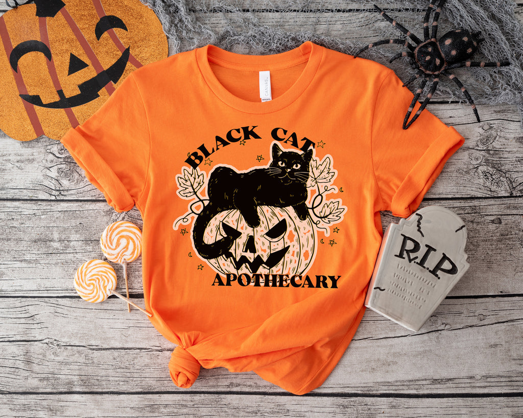 Black Cat Apothecary Halloween Shirt: Funny Pumpkin Tee