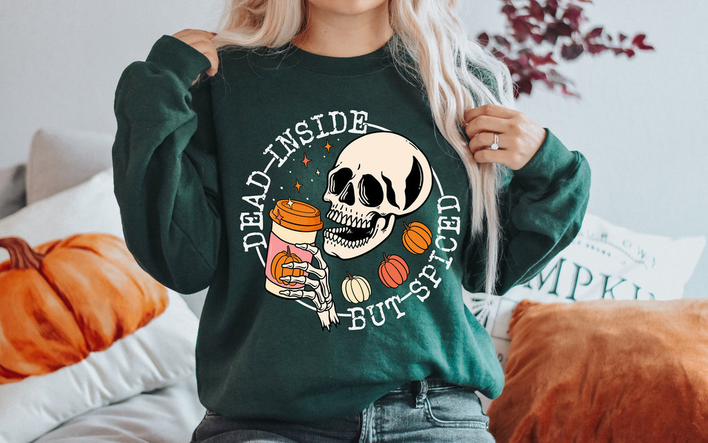 Dead Inside But Spiced Halloween Shirt, Skeleton Pumpkin Tee