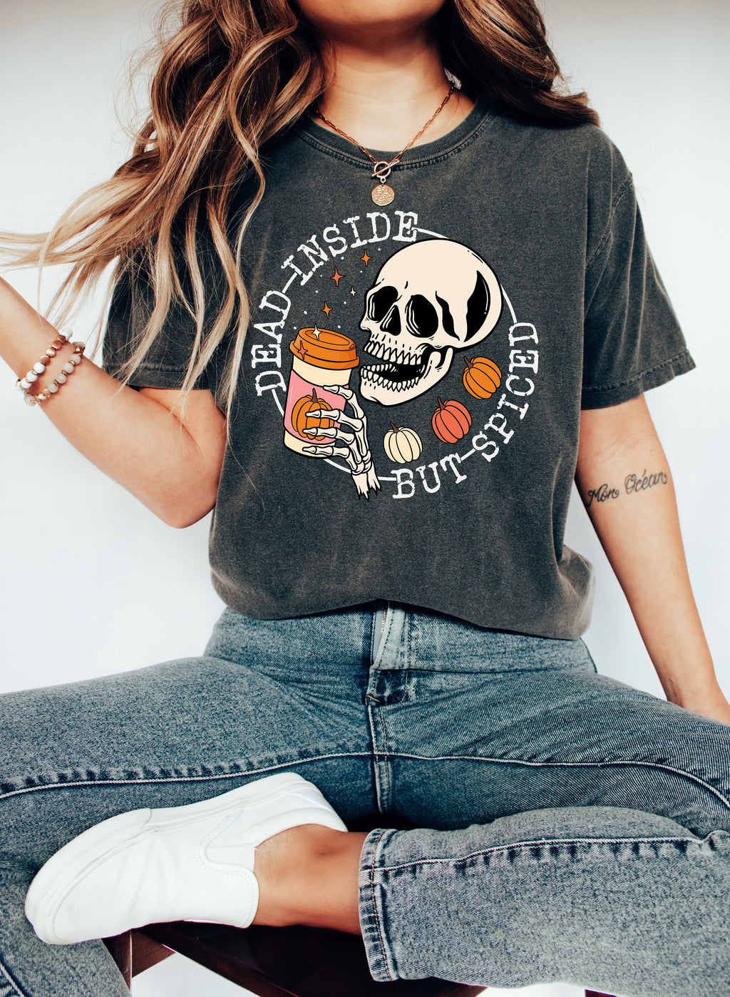 Dead Inside But Spiced Halloween Shirt, Skeleton Pumpkin Tee