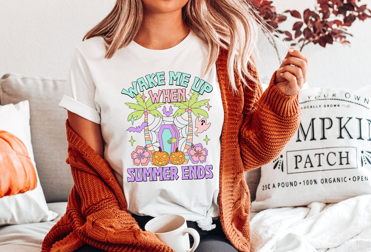 Wake Me Up When Summer Ends Shirt: Spooky Season Halloween Coffin Tee