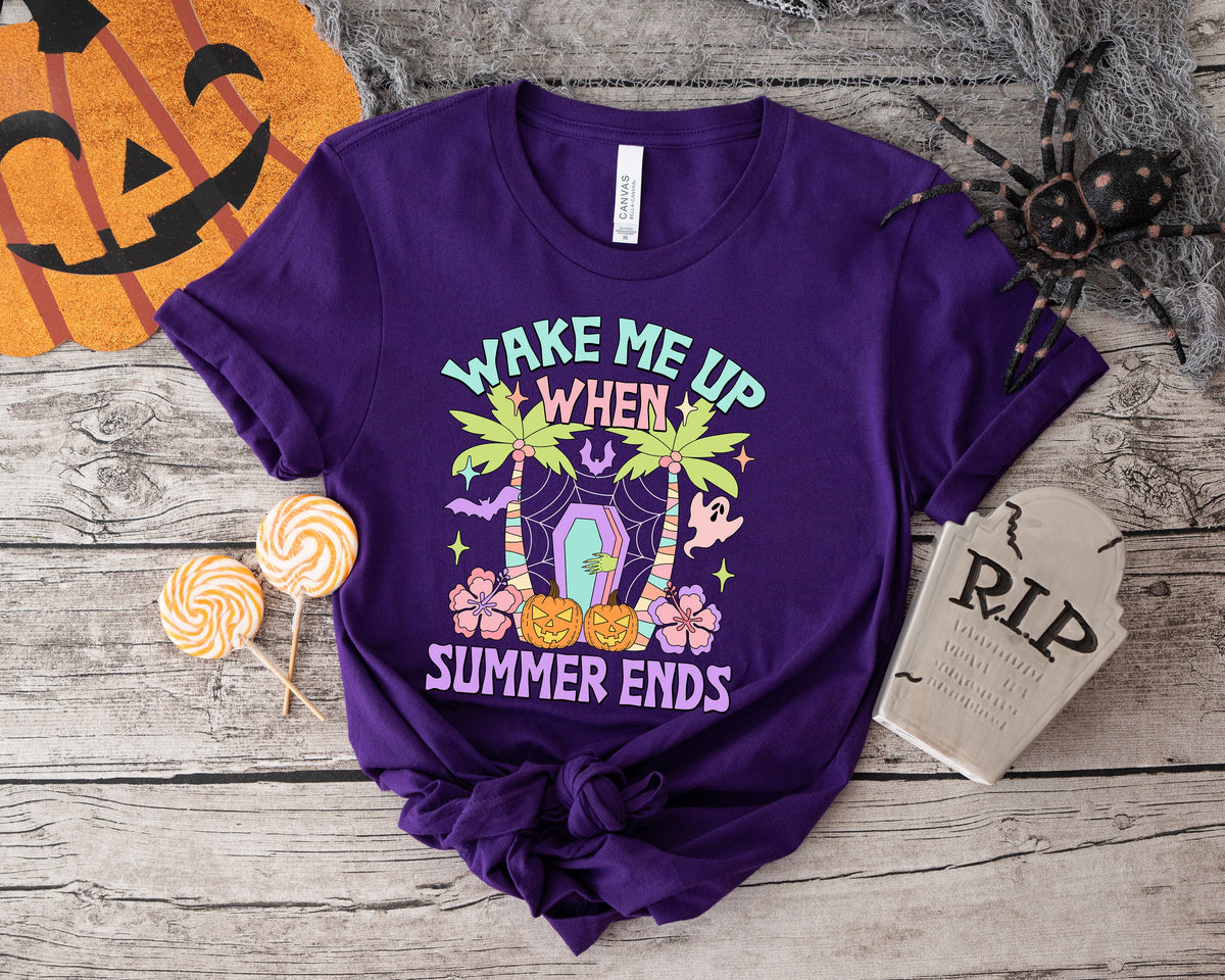 Wake Me Up When Summer Ends Shirt: Spooky Season Halloween Coffin Tee