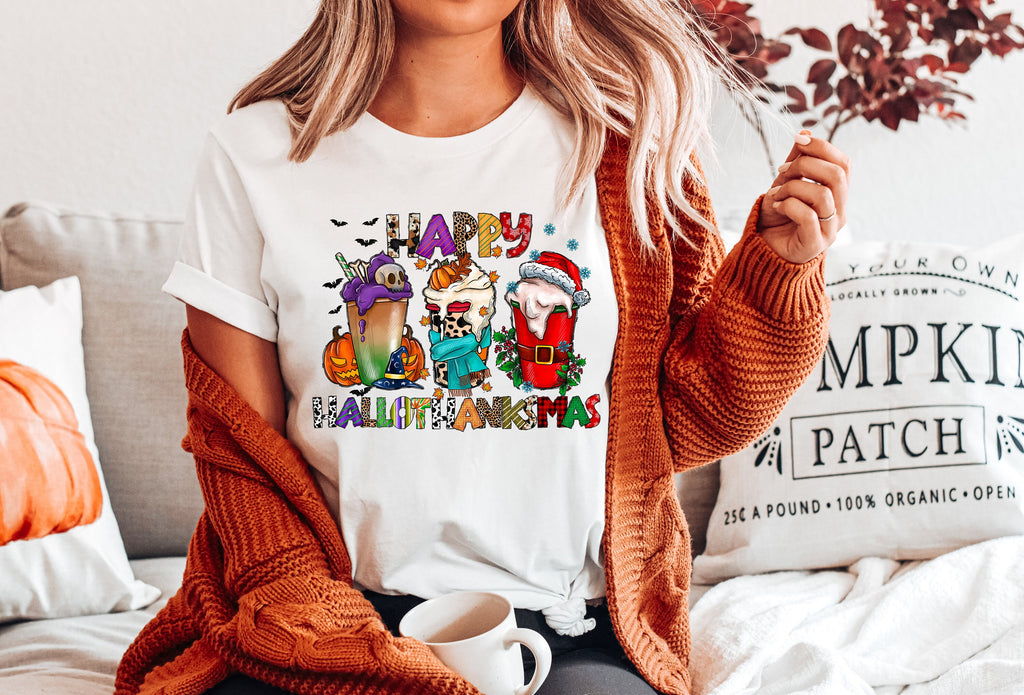 Happy Hallothanksmas T-Shirt, Coffee Lover, Holiday Outfit