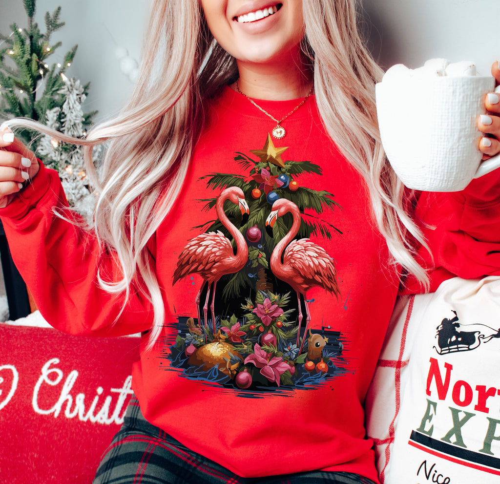 Christmas Flamingo Sweatshirt, Tropical Holiday Gift