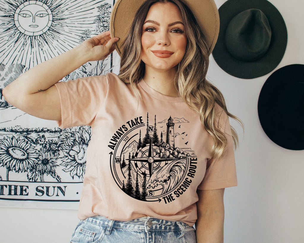 Scenic Route Compass Graphic Tee - Nature Adventure Shirt