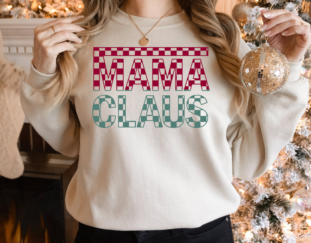 Mama Claus Sweatshirt, Checkered Christmas Shirt