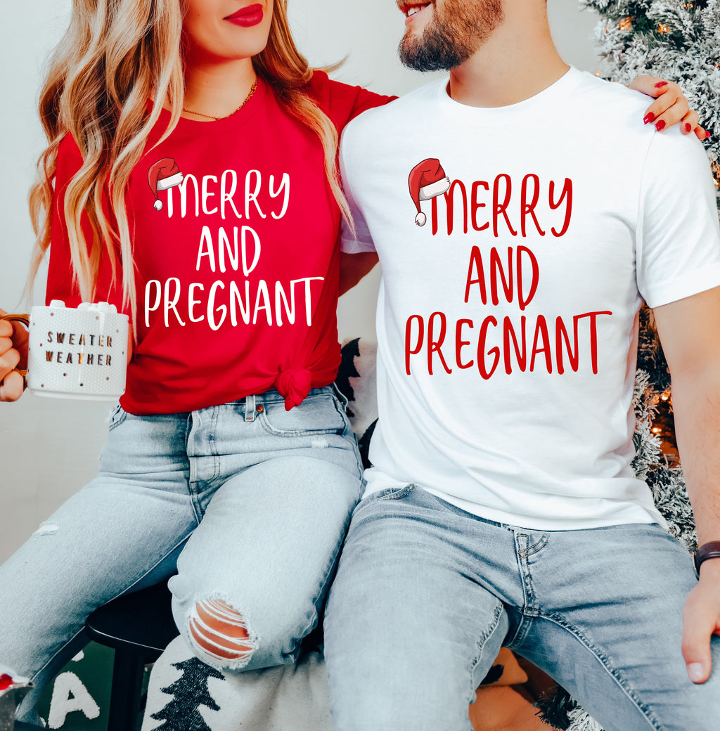 Merry and Pregnant Christmas Sweatshirt - Pregnancy Announcement Xmas Tee