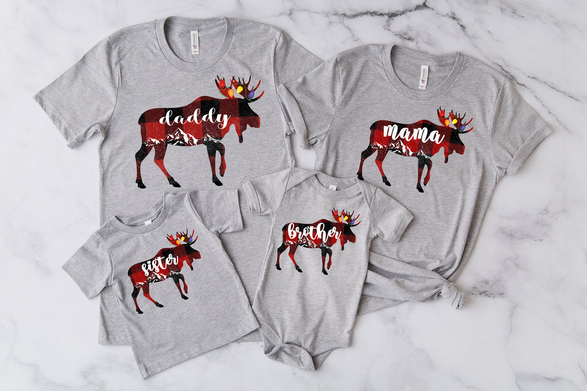 Family Moose Christmas Shirt: Buffalo Plaid Matching Tee