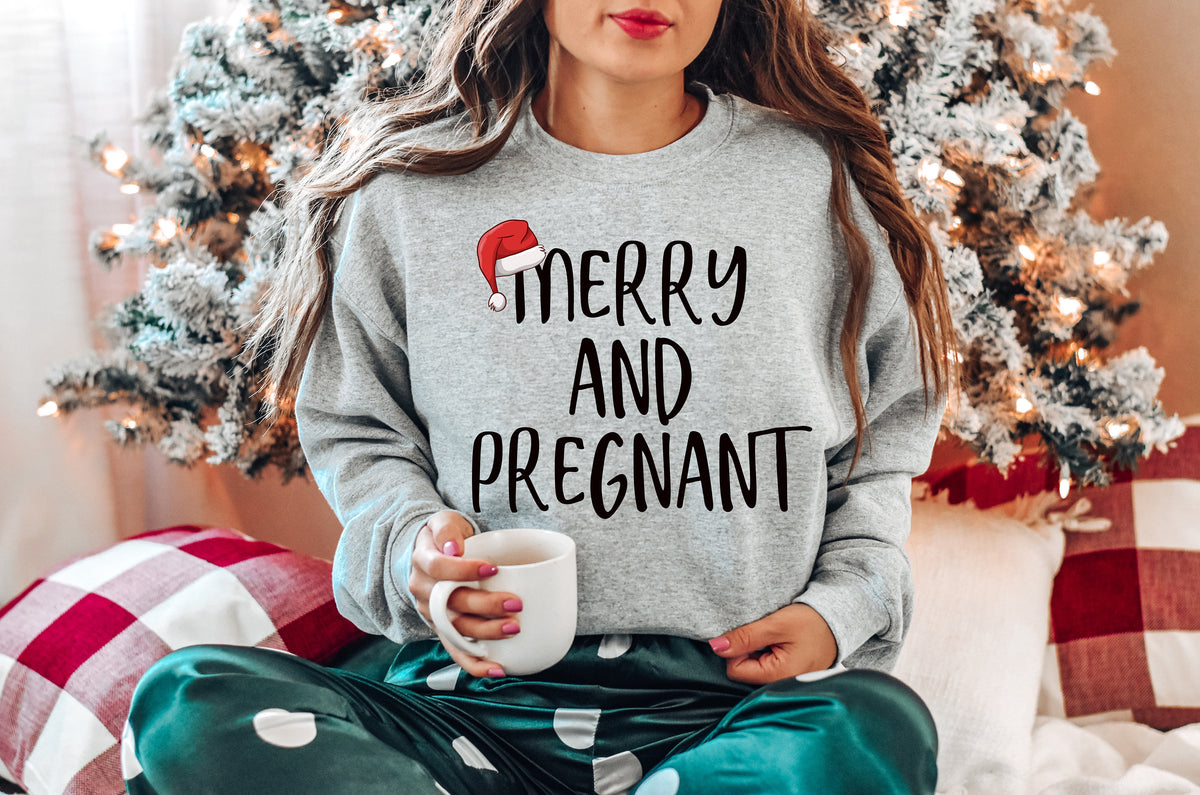 Merry and Pregnant Christmas Sweatshirt - Pregnancy Announcement Xmas Tee