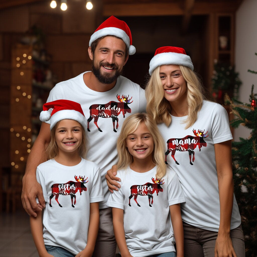 Family Moose Christmas Shirt: Buffalo Plaid Matching Tee