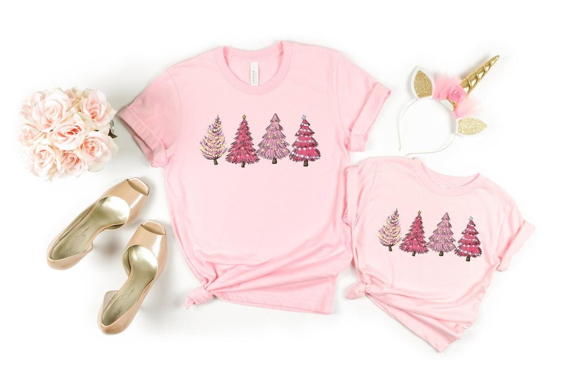 Pink Christmas Tree Shirt: Watercolor Cozy Holiday Tee
