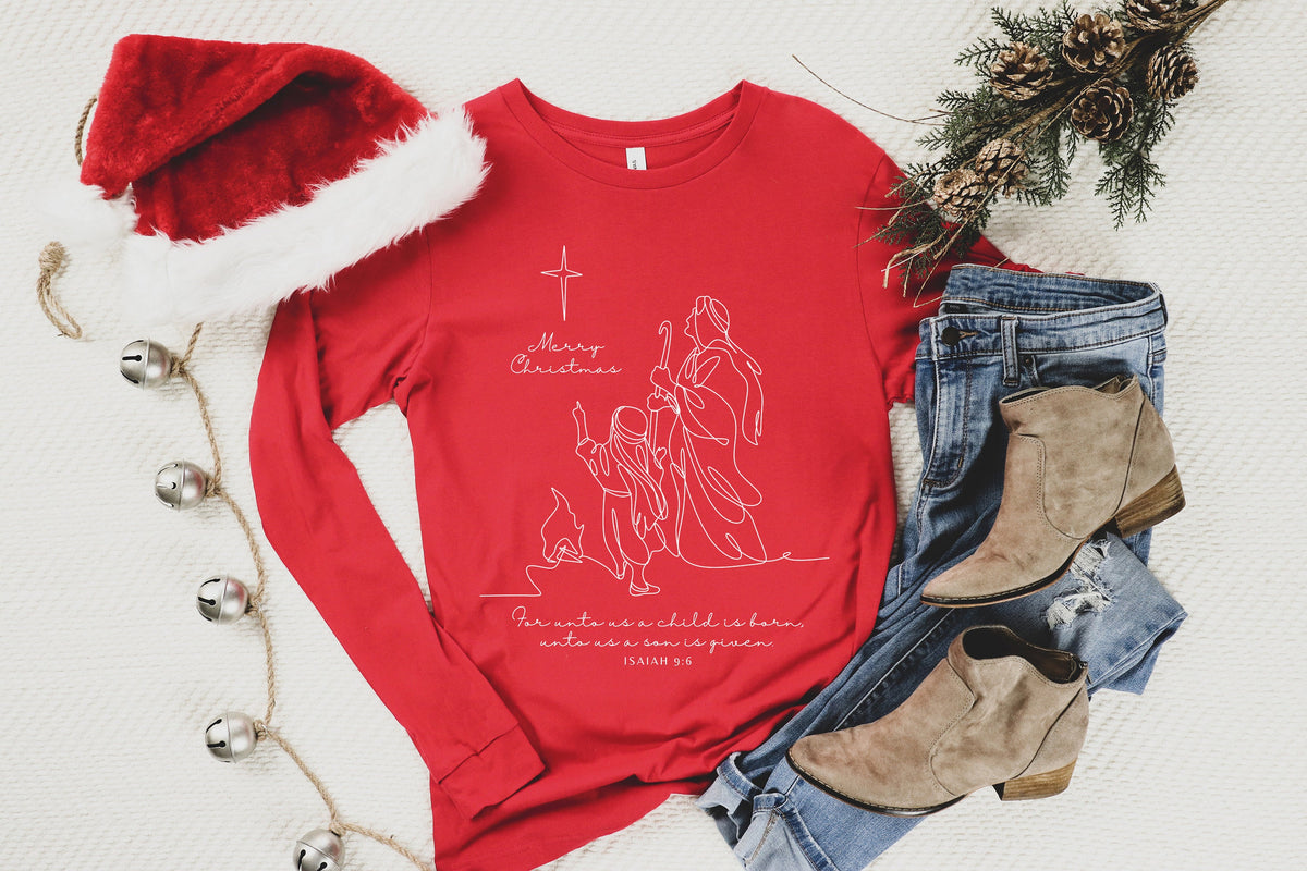 Nativity Christmas Sweatshirt: 'For Unto Us a Child is Born' Faith Shirt