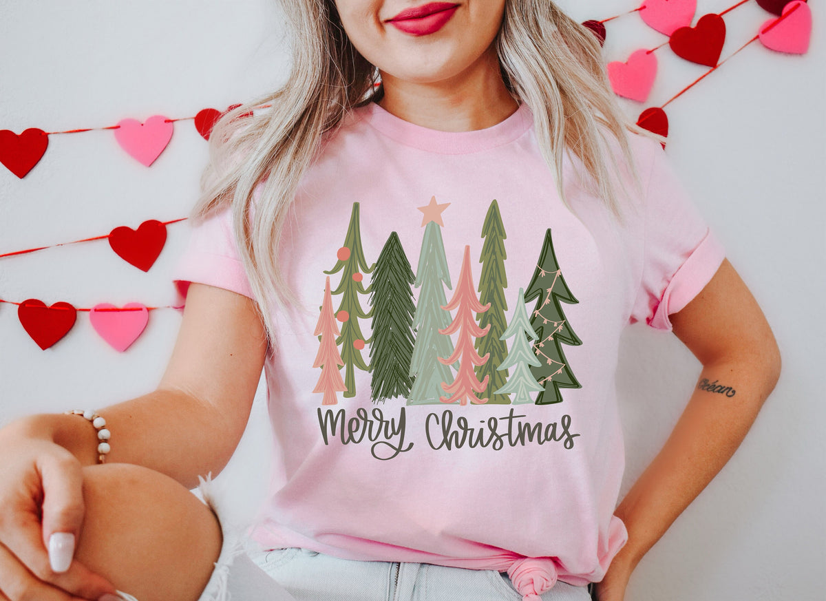 Pink Christmas Tree Shirt: Watercolor Holiday Cozy Tee