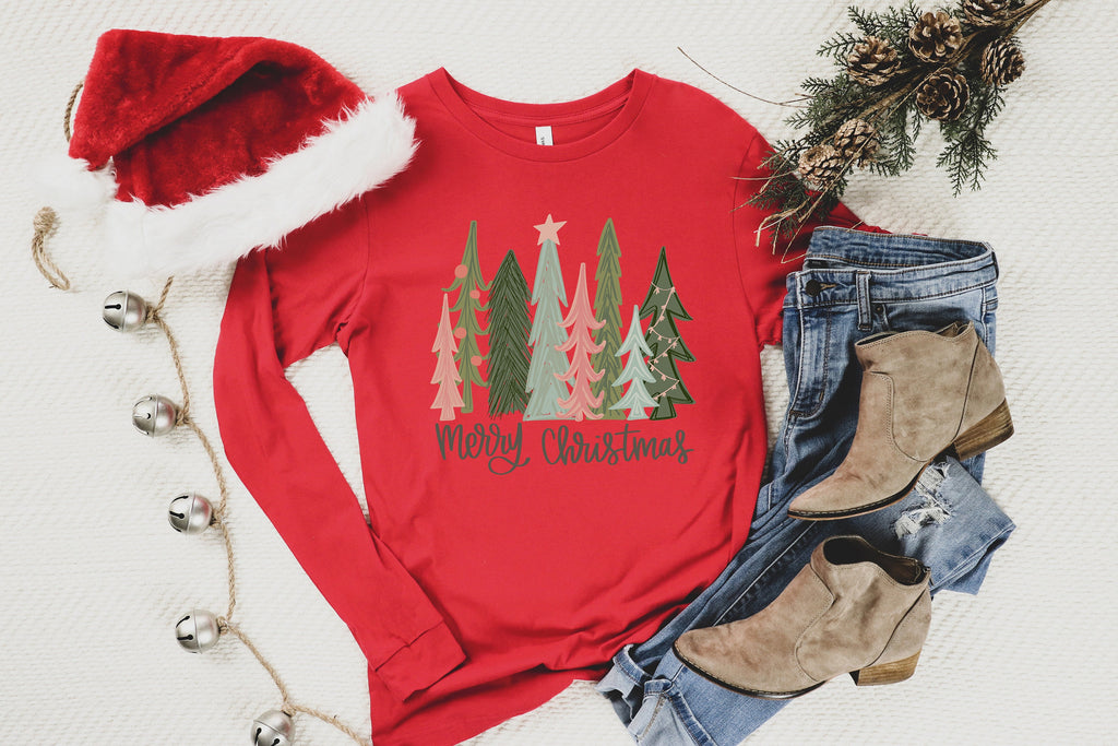 Pink Christmas Tree Shirt: Watercolor Holiday Cozy Tee
