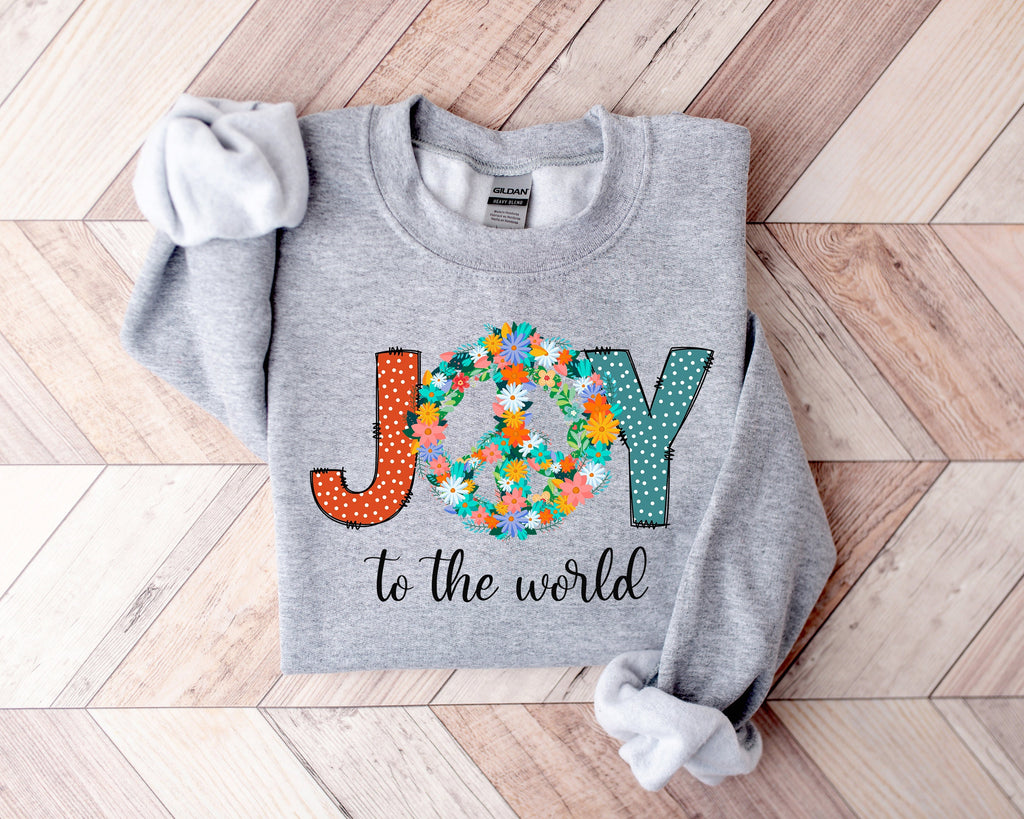 Joy To The World Christmas Sweatshirt: Floral Peace Sign Crewneck