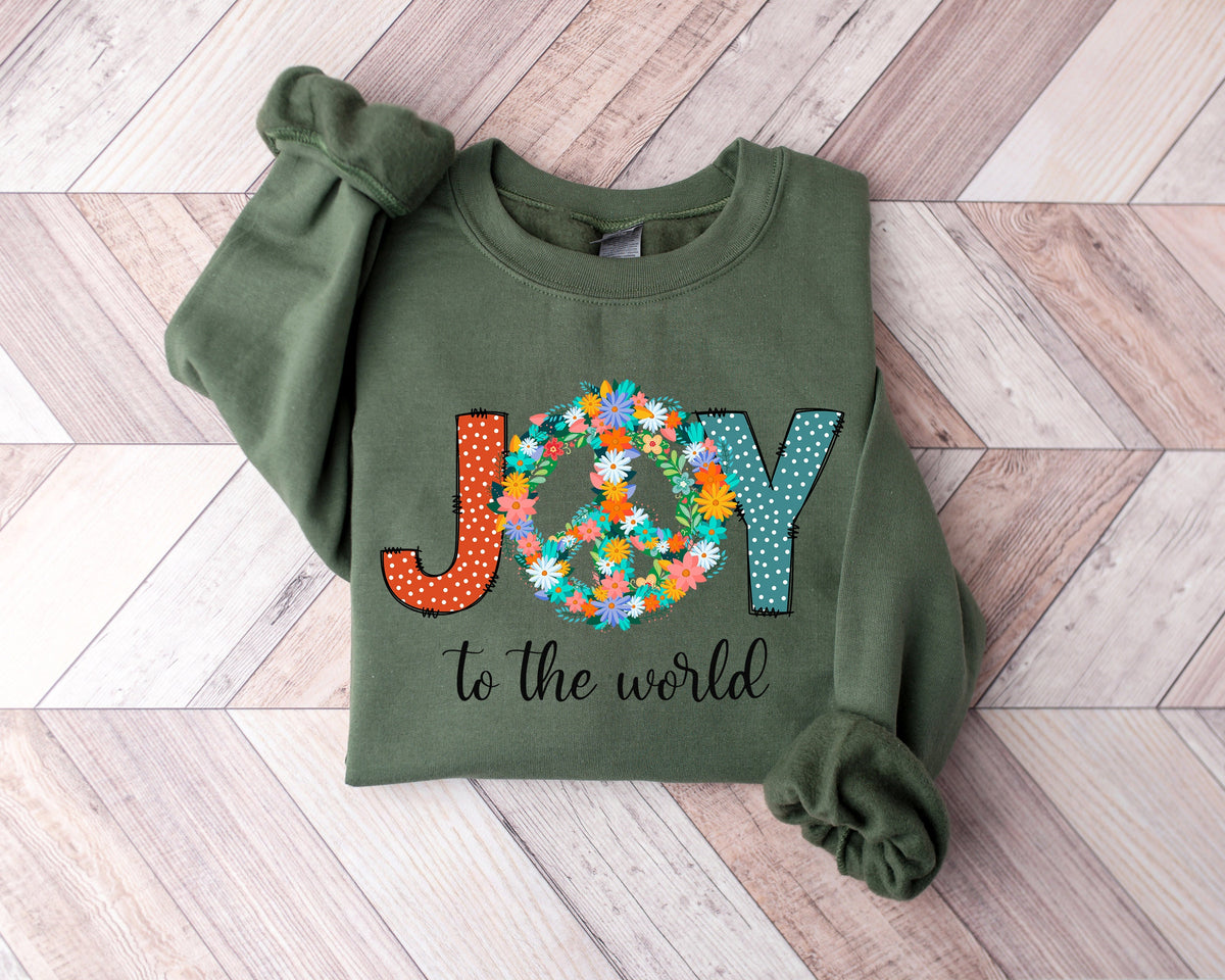 Joy To The World Christmas Sweatshirt: Floral Peace Sign Crewneck