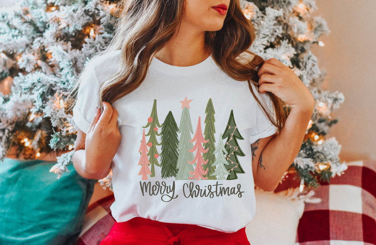 Pink Christmas Tree Shirt: Watercolor Holiday Cozy Tee