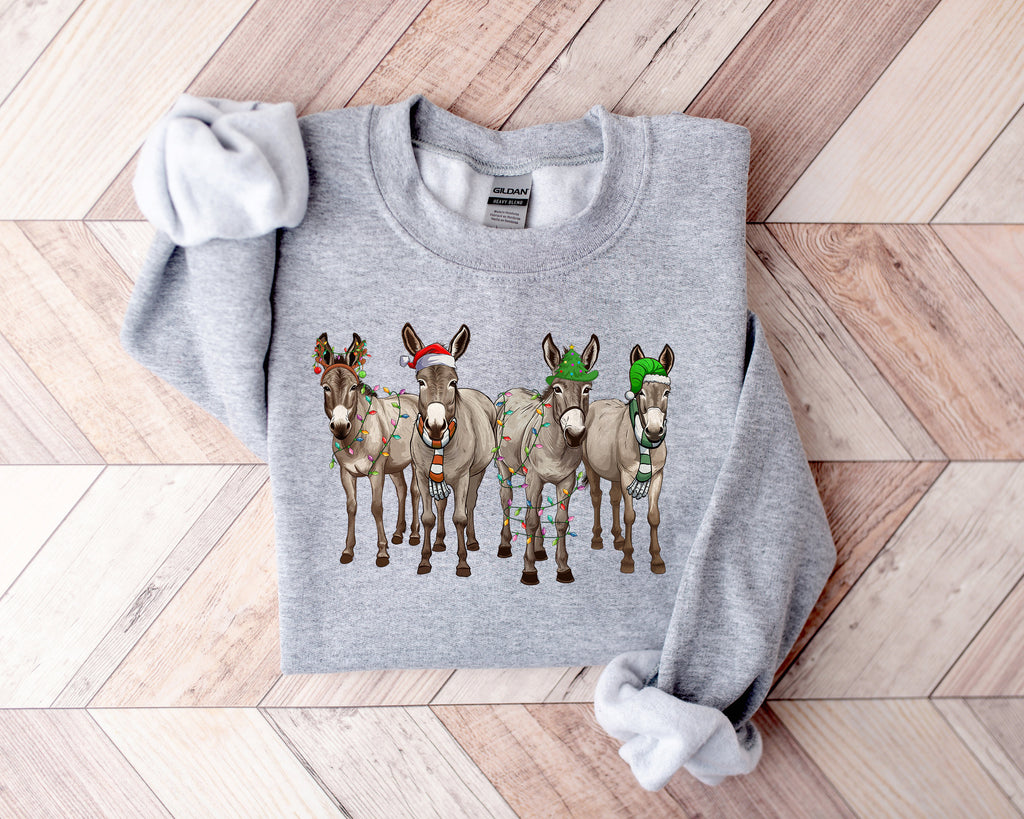 Funny Christmas Donkey Sweatshirt: Farm Animal Holiday Lights Shirt